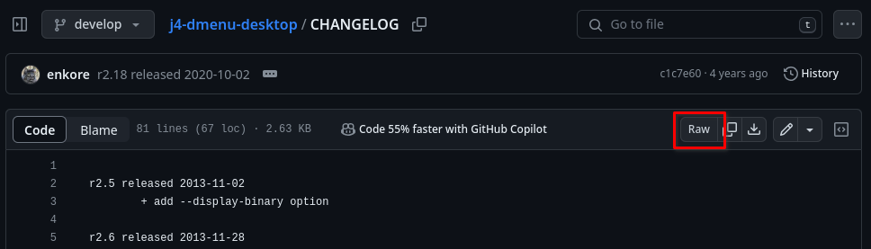 changelog raw button